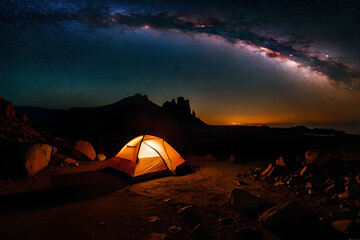  tent in the nature at night , camping under a starry sky - obrazy, fototapety, plakaty