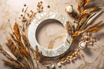 Obraz na płótnie Canvas Dry natural grass, leaves and flowers frame with white marble podium, beauty and fashion concept mock up on beige background flat lay, top view, copy space