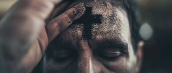 Ash is applied in the shape of a cross on the forehead of each worshipper. Ash Wednesday, in Western Christianity, the first day of Lent - obrazy, fototapety, plakaty