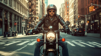 Portrait of a handsome brunette man in a leather jacket on a motorcycle against the backdrop of New...