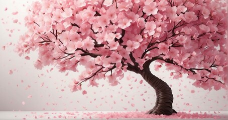 A stunning, elegant cherry blossom tree in full bloom, with delicate pink petals cascading down in a gentle breeze - Generative AI