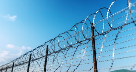 Barbed wire against a blue sky. Prison concept. Detail of New Fence with Barbed Wire