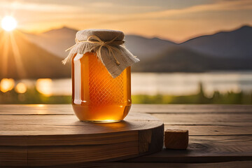 honey jar in a countryside background , rustic and wooden ambiance - obrazy, fototapety, plakaty