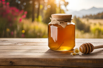 honey jar in a countryside background , rustic and wooden ambiance - obrazy, fototapety, plakaty