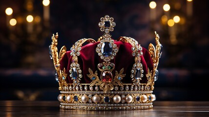 An ornate golden crown with jewels set against a luxurious velvet backdrop - obrazy, fototapety, plakaty