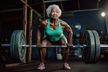 Fototapeta na wymiar African gray-haired woman pensioner with barbell in the gym