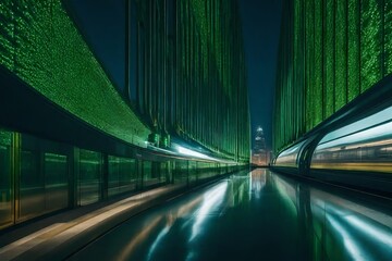 Witness the elegance of a future world where green expanses complement sleek modern architecture and advanced train systems. The super realistic lighting captures