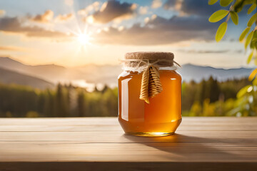 honey jar in a natural background , rustic and wooden ambiance - obrazy, fototapety, plakaty