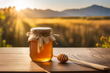 honey jar in a natural background , rustic and wooden ambiance