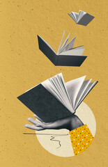 Human hand holding open book over yellow background. Contemporary art collage. Reading apps and book review platforms. Concept of education, reading, knowledge. Poster for book store