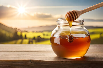 honey jar in a natural background , rustic and wooden ambiance