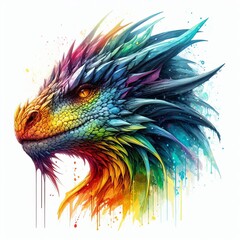 Multicolored colorful rainbow dragon head illustration. Painted in colorful. watercolor on a white background in a realistic manner.