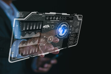 Entrepreneurs work on virtual screens to reduce carbon dioxide emissions, and climate change limits...