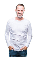Middle age hoary senior man wearing white t-shirt over isolated background with a happy and cool...
