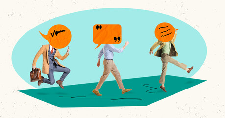 Employee headed with message icons walking and talking. Online communication, testing app, chatting with customers. Contemporary art collage. Concept of business, career development