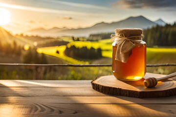 honey jar in a natural background , rustic and wooden ambiance - obrazy, fototapety, plakaty