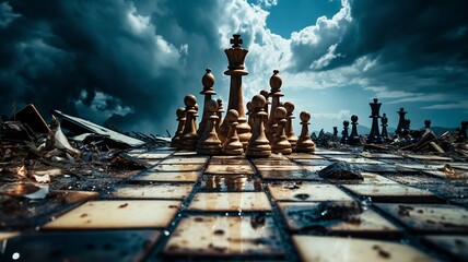 Solitary chess king stands tall amidst a backdrop of falling pieces - obrazy, fototapety, plakaty
