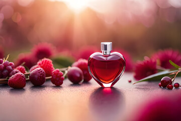 heart shaped red perfume flacon and flower petals  , romantic perfume template