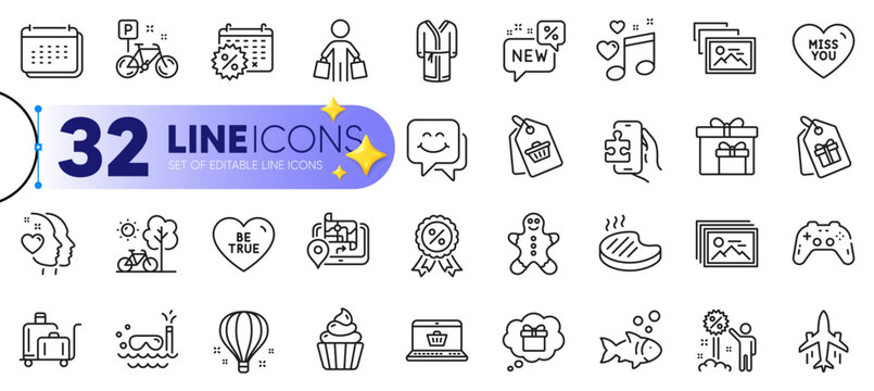 Outline set of Gps, Sale tag and Air balloon line icons for web with Gamepad, Puzzle game, Discount thin icon. Online shopping, Miss you, Coupons pictogram icon. Be true, Gift dream, Buyer. Vector