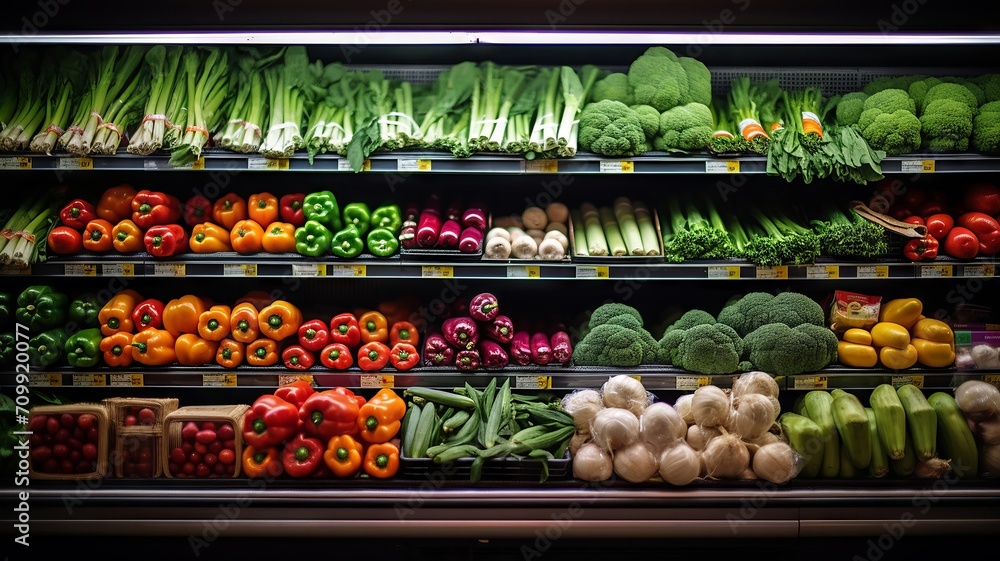 Wall mural Neatly arranged organic fruits and vegetables on a grocery store shelf - Wall murals