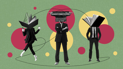 Businesspeople, men and woman in formal wear with typewriter and notebooks on head over colorful...