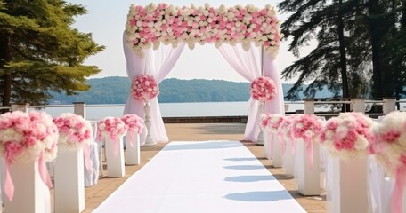 A Majestic Cloth and Floral Arch Creating a Romantic Ambiance for an Outdoor Wedding Ceremony