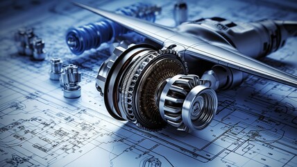 An array of aeronautical components showcased in an engineering blueprint - obrazy, fototapety, plakaty