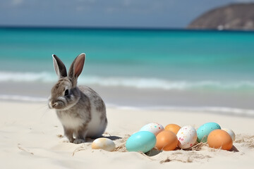 Easter bunny with easter eggs on the real beautiful beach