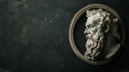 Dark Canvas Illustration of Greek Philosopher Epicurus in a Round Frame with Text Space - obrazy, fototapety, plakaty