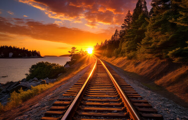 Fototapeta premium Golden sunset over serene railroad landscape
