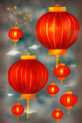 Chinese red lantern decorations hanging in the oriental gardens for a cultural Asian lunar new year festive party Concept Watercolor style