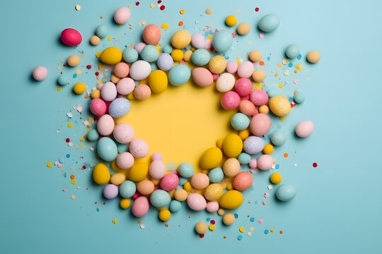 Easter decor concept. Top view photo of ordered composition white circle yellow blue pink easter eggs and sprinkles on isolated pastel blue background with empty space