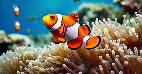 Naklejka na ściany i meble The Colorful Dance of Clownfish Amongst Tropical Coral Anemones
