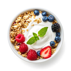 Bowl of homemade Oatmeal with yogurt and fresh berries, top view, isolated on white background