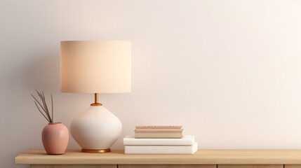 
3D close up, a stylish contemporary white table lamp with gold lining and linen cloth lampshade stand next to some books on a minimal wooden sideboard. Empty blank beige wall in background. Mock up.