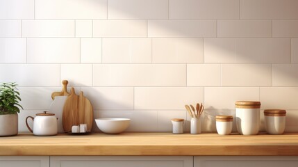Fototapeta na wymiar 3D render close up blank empty space on beautiful wooden kitchen counter top with stylish kitchen ware, cooking pot, square white ceramic wall tiles. Morning sunlight, Tools, Equipment, Background.