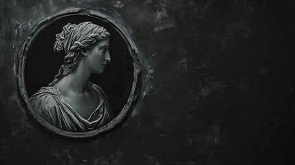 Illustration of Hypatia, Ancient Philosopher, in Round Frame on Dark Canvas with Space for Text