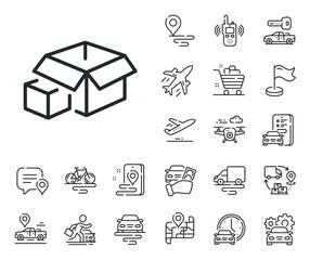 Delivery parcel sign. Plane, supply chain and place location outline icons. Box line icon. Packing boxes symbol. Packing boxes line sign. Taxi transport, rent a bike icon. Travel map. Vector