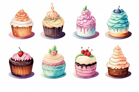 watercolor illustration with grungy texture, cute fruit cake , collection set isolated on white background,  idea for junk journal or scrapbook design, generative Ai