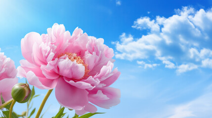 pink peonies flowers on blue sky background