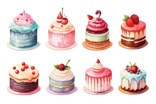 watercolor illustration with grungy texture, cute fruit cake , collection set isolated on white background,  idea for junk journal or scrapbook design, generative Ai