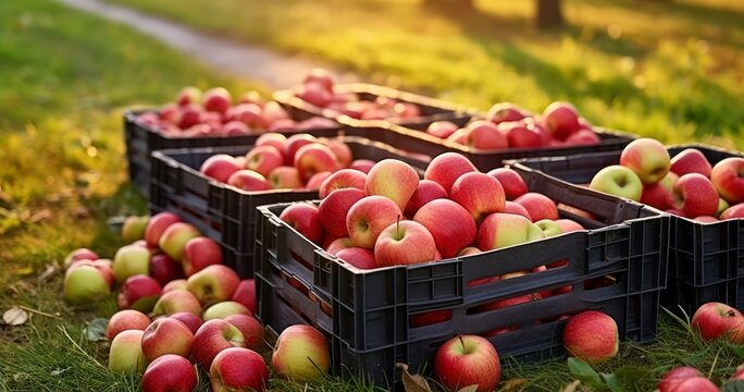 Sunlit Boxes Brimming with Fresh Red Apples on a Verdant Lawn