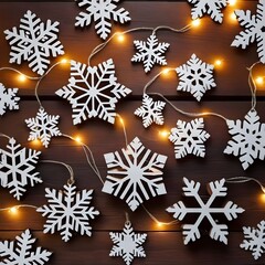Wooden snowflakes on winter Christmas