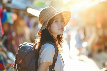 世界旅行を楽しむ日本人女性（バックパック・旅行・旅・観光・トラベラー） - obrazy, fototapety, plakaty