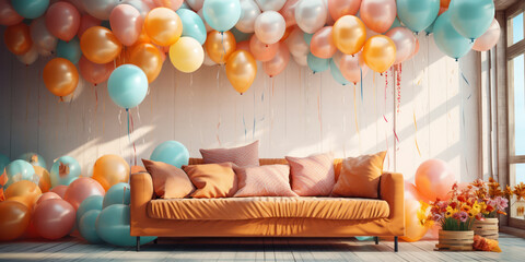 Lively party scene with colorful balloons and warm, inviting cushions awaits celebration