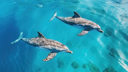 Aerial view of dolphins swimming through tropical blue water.


