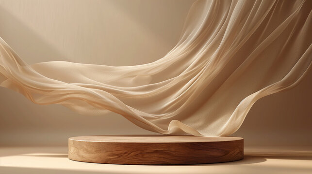 3D display podium, marble background with wood frame pedestal and flying silk cloth curtain. Nature wind. Beauty, cosmetic product presentation stand. Luxury feminine mockup 3d render advertisement