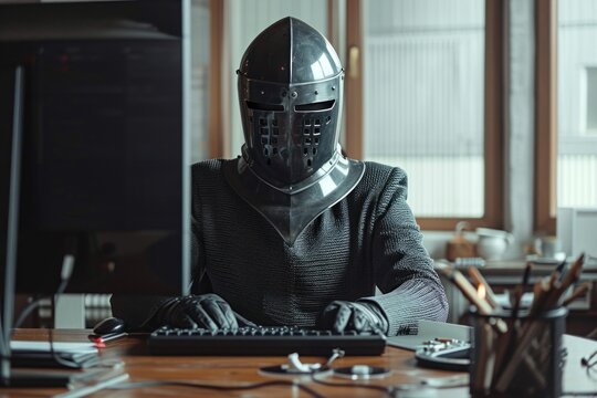 Portrait of a medieval knight in armor sitting at his desk in the office