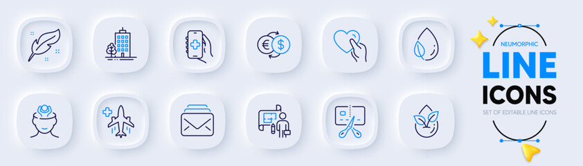 Stress, Medical flight and Organic product line icons for web app. Pack of Money exchange, Health app, Hold heart pictogram icons. Mail, Bankrupt, Leaf dew signs. Feather. Neumorphic buttons. Vector