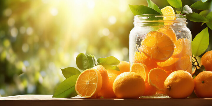 Orange slices tumbling from a jar amidst a sunny backdrop with citrus trees